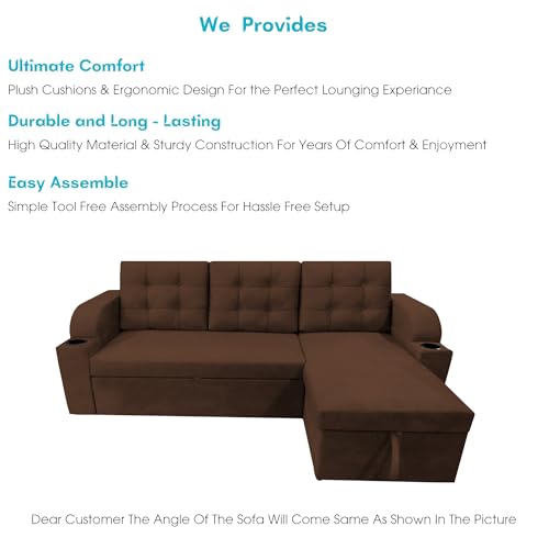 Image of Casaliving Grance RHS 4 Seater Corner Sofa Cum Bed for Living Room with Storage (Brown Fabric) Premium Fabric Sofa