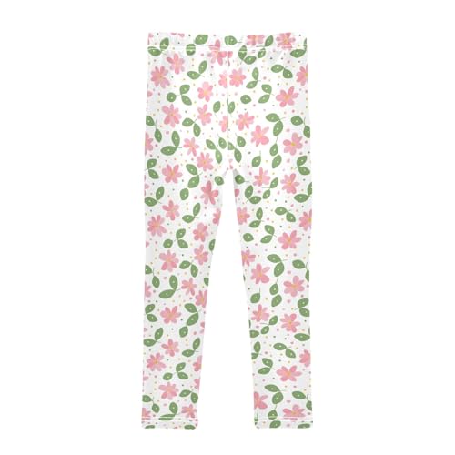 senya Girls Printed Leggings Yoga Pants Pink Green Leaf Flowers Pattern for Kids in 4t to 10 Years, 4T2