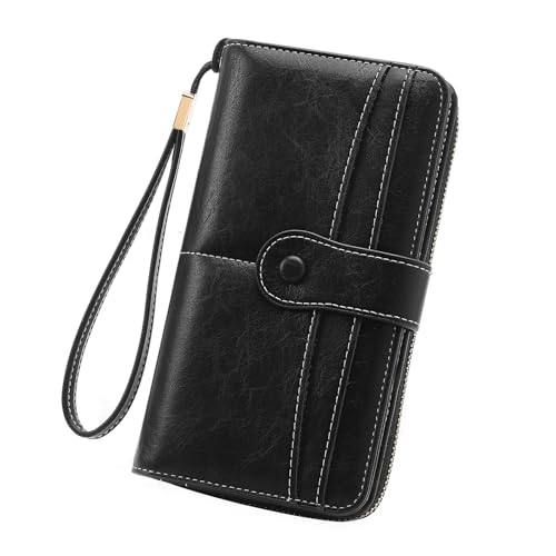 Image of Wristlet Women's Wallet Phone Purse RFID Blocking Large Capacity Card Holder Leather Black