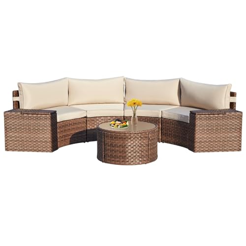 ECOTOUGE 7 Piece Patio Furniture Sets, Half-Moon Circle Conversation Set, Curved Wicker Outdoor Sectional with 2 Storage Armrests and Glass Coffee Table, Garden Balcony and Backyard (Beige)