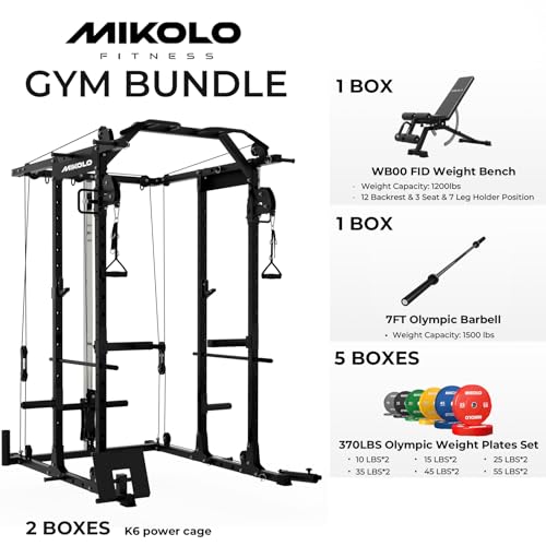 Image of Mikolo Power Cage, Power Rack with Cable Crossover System, 1500LBS Squat Rack with LAT Pull Down System, Workout Cage with Pulley System for Fitness Home Gym