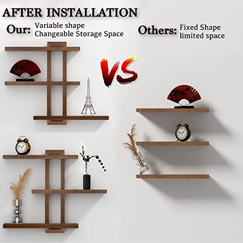 Image of yaqew Variable Floating Shelves Wood Set of 3, Cube Wall Mounted Shelves 28.35 inch Max, Wall Shelves for Living Room Bathroom Bedroom Farmhouse - Light Walnut Color - 28.35 inch x 23 inch x 4.3 inch Max