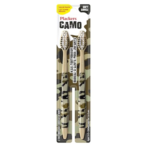Plackers Toothbrush for Kids, Green Camo, for Ages 5-8, 2 Count