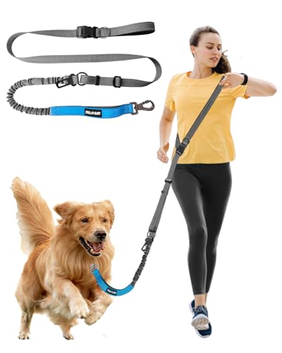 WANFIRE 2-in-1 ハンズフリー 犬用リード＆車用シートベルト 1.5-2.3m 伸縮式 散歩・ランニング・ハイキング用 (青と灰色)（Amazon）
