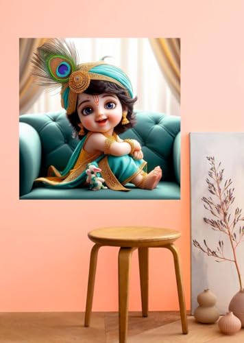 Image of Akki Wold Cute Eyes Sky Blue Krishna Wall Poster Living Room, Office, Pooja Room (Size - 46CM X 46CM)
