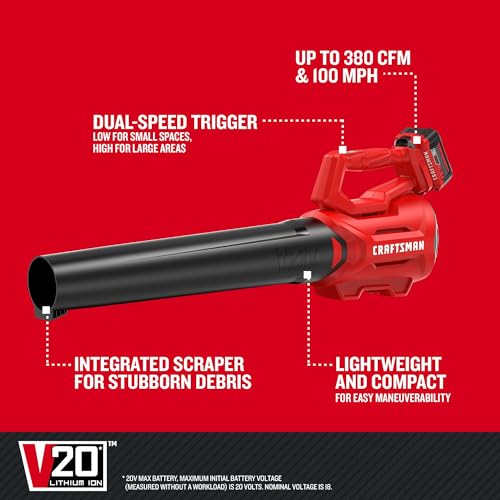 CRAFTSMAN V20 Cordless Axial Leaf Blower Kit, Includes 4.0 Ah Battery and Charger, 100 MPH and 380 CFM Clearing Power, Lightweight, 2 Speed Trigger (CMCBL700M1) by CRAFTSMAN - Image 7