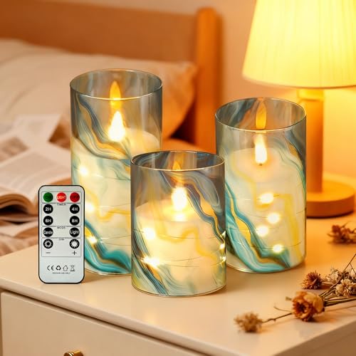 Image of Printed Flameless Candles with String Lights - Set of 3 Battery Operated Candle Flickering Floral LED Pillar Candles with Timer Remote for Home Decor Romantic Ambiance,BG
