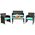 FDW Outdoor Patio Furniture Sets Wicker Rattan Chair Patio Set 4 Pieces Conversation Set Lawn Chairs Outdoor Garden Porch Poolside Balcony Furniture,Blue Cushion
