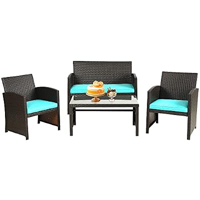 FDW Outdoor Patio Furniture Sets Wicker Rattan Chair Patio Set 4 Pieces Conversation Set Lawn Chairs Outdoor Garden Porch Poolside Balcony Furniture,Blue Cushion