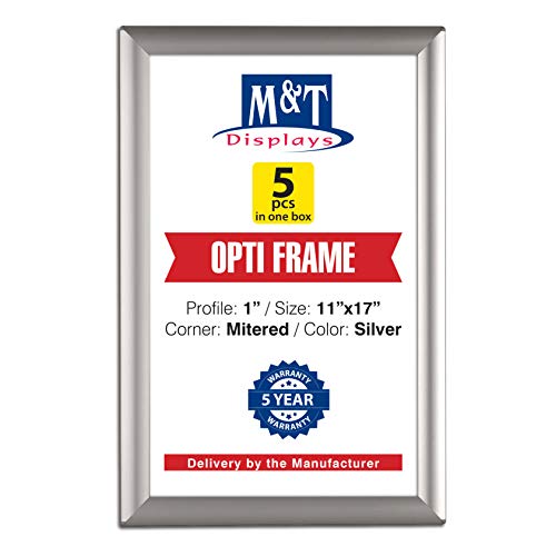 M&T Displays Opti Snap Marco para póster de 11 x 17 pulgadas, perfil de aluminio plateado, carga frontal, montaje en pared, fotos, documentos, certificado, soporte para carteles, esquina ingletada,