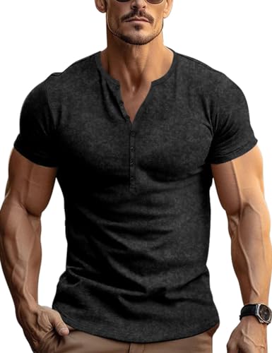 Retro Henley Shirts for Men Short Sleeve Distressed Casual Button Slim Fit Tee Shirts