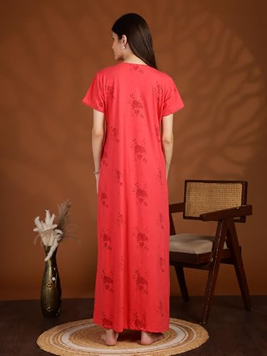 Image of 9shines Label Stylish Cotton Blend Embroidered Maxi Nightdress for Women with Pocket| Full Length Nightwear| Premium Nightdress| Comfortable Nightwear(5256)