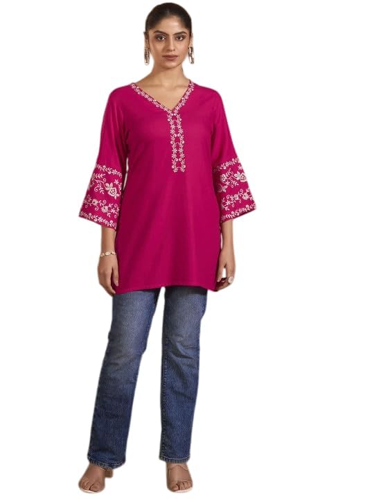 Image of MAHIRA'S Comfort Women's Short Kurti, Rayon Tunic Top with 3 /4 Embroidered Designer Sleeves | Soft Breathable Fabric | Office & Casual Kurti for Jeans, Leggings & Trousers