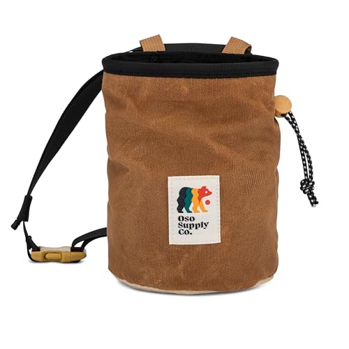 Oso Supply Co - Cascadia Waxed Canvas Chalk Bag - Zipper Pocket & Mesh Pouch for Bouldering, Rock Climbing, Gym, Weightlifting – Water-Resistant, Adjustable Belt, Wide Opening (Chestnut Brown/Khaki)