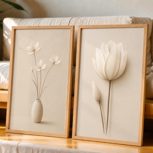 Image of NoWorries Minimal Lotus Flower Wall Painting Set of 2 with Frame | Soft White Floral & Vase Botanical Artwork, Neutral Beige Nature Wall Decor for Living Room, Bedroom, Office and Home Decoration (Art-5, 17x25inch)