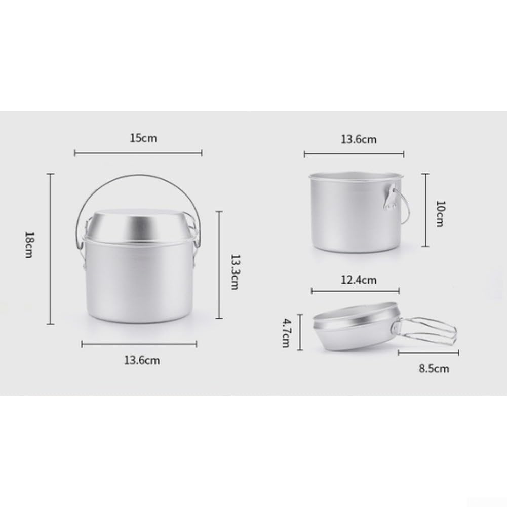 Set di pentole da campeggio in alluminio leggero, 3 pezzi, portatile, con manici pieghevoli, per escursioni