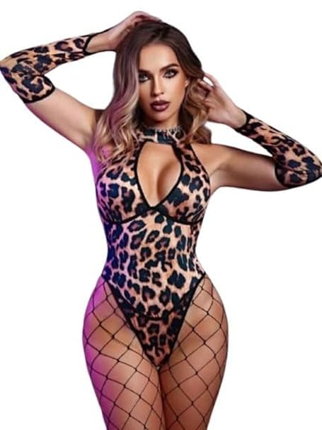 for you for me Women's Leopard Print Lingerie Bodysuit – Sexy Cut-Out One-Piece with Arm Sleeves | Wild Animal Print Exotic Clubwear-picture-53