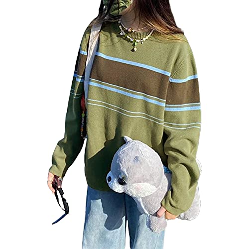 Y2K Vintage Loose Pullover Sweaters Long Sleeve Round Neck Striped Print 90S Aesthetic Pullovers Streetwear Fall Winter Green #TOP3