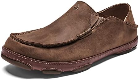 OLUKAI Moloa Men's Leather Slip On Shoes, Waxed Nubuck Leather & Soft Moisture-Wicking Lining, Drop-in Heel & All Weather Rubber Soles, Ray/Toffee, 11