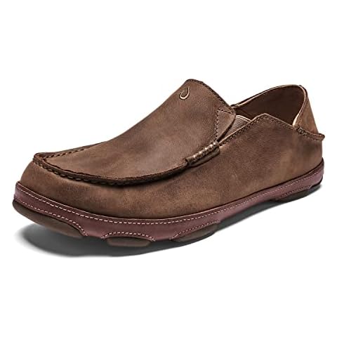 OLUKAI Moloa Men's Leather Slip On Shoes, Waxed Nubuck Leather & Soft Moisture-Wicking Lining, Drop-in Heel & All Weather Rubber Soles, Ray/Toffee, 10.5 Cover