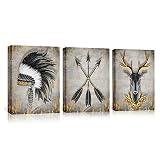 Kalormore Black White and Golden Indian Pictures Native American Chief Headdress Arrow Deer Canvas W