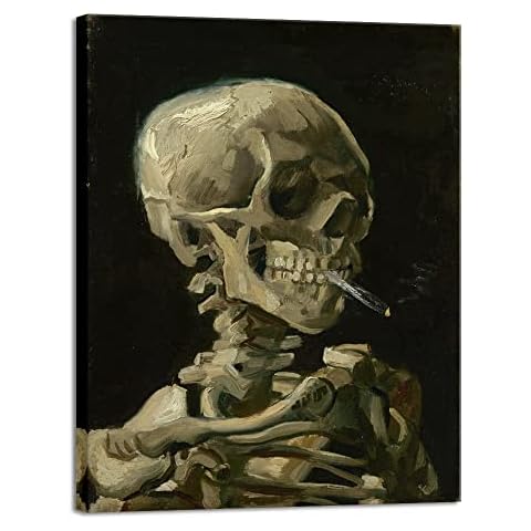 Wieco Art Large Skull of a Skeleton with Burning Cigarette, 1886 by Vincent Van Gogh Canvas Wall Art for Home Decor and Wall Decor Post-Impressionism Canvas Prints Pictures Artwork Cover