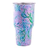 Picture of Lilly Pulitzer 30 Oz Insulated Tumbler with Lid, Large Stainless Steel Travel Cup, Double Wall Metal Tumbler (Secret Escape)