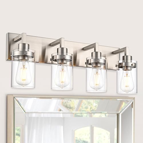 Image of 4 Light Farmhouse Brushed Nickel Finish Industrial Bathroom Vanity Lighting Over Mirror with Clear Glass Shade Wall Light Fixture for Cabinets Dressing Room