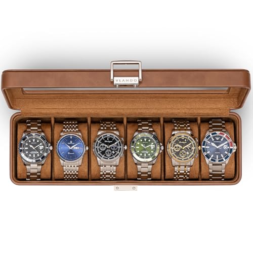 VLANDO Uhrenbox Herren, 6 Uhren Uhrenkasten Leder, abschließbarer Uhrenkoffer mit Glasdeckel, Watch Box Uhrenaufbewahrung mit PU Uhrenkissen, Geschenk für Väter, Ehemann, Freund, Braun