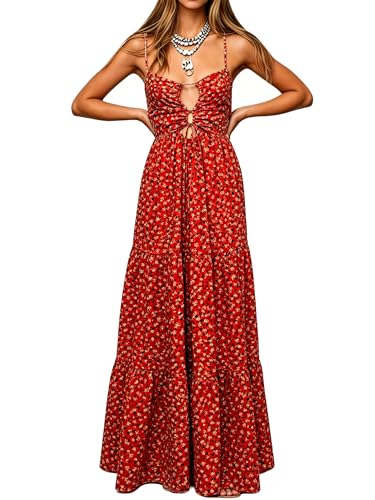 Image of Womens Summer Floral Spaghetti Strap Backless Low Cut Smocked Milkmaid Flowy Beach Sundresses
