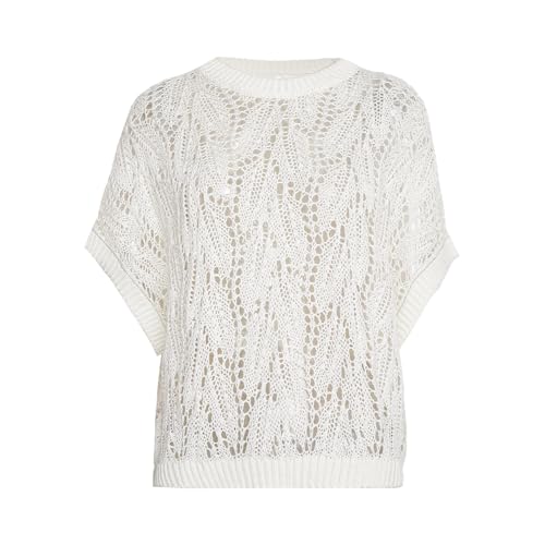 Crochet Knit Short Sleeve Sweater, Linen Blend,BC601 (US, Alpha, Large, Regular, Regular, Rice White)