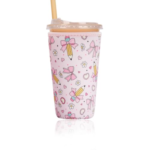 Image of Reusable Insulated Sleeve for Iced Coffee Cup, Coffee Neoprene Sleeve for Cold & Hot Drinks, Beverage Holder for Iced Coffee (Pencil Bows, Large: 32oz)