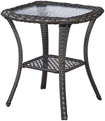 Patio Tables Wicker Side Table - Rattan Coffee Table with Glass Top End Table for Outdoor Outside Patio Porch Square Brown