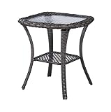 Patio Tables Wicker Side Table - Rattan Coffee Table with Glass Top End Table for Outdoor Outside Pa