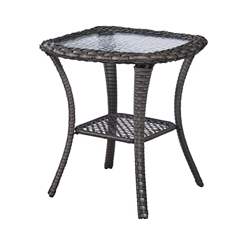 Patio Tables Wicker Side Table - Rattan Coffee Table With Glass Top End Table For Outdoor Outside Patio Porch Square Brown #TOP17