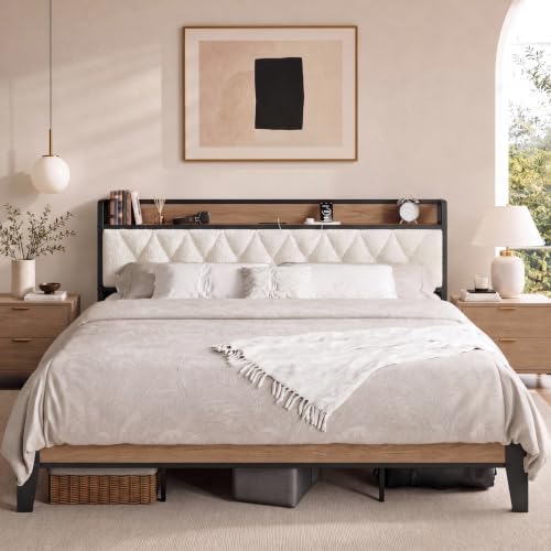 ANCTOR King Size Bed Frame with Headboard & Charging Station,Wood and Cream