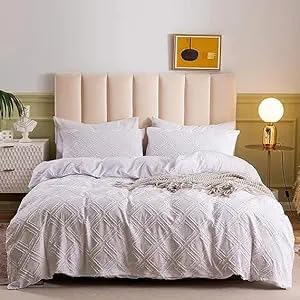 Full Duvet Cover Set – 3 Pieces – Soft Microfiber Tufted Boho Design – Jacquard Rhombus Geometric Pattern with Zipper Closure & Corner Ties
