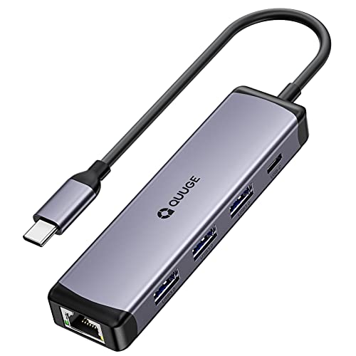 Concentrador Ethernet USB C 5 en 1, concentrador Tipo C QUUGE con 3 Puertos USB 3.0, Interfaz Ethernet RJ45, Puerto de Carga USB C, Compatible con Mac OS / Windows / Android Cover
