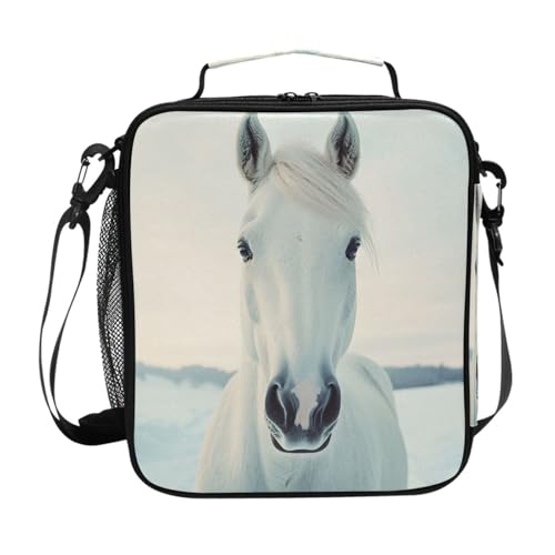 White Horse Lunch Box Insulated Lunch Bag Prep Kids Cooler Tote Freezable Shoulder Strap Waterproof Picnic Meal for School Office