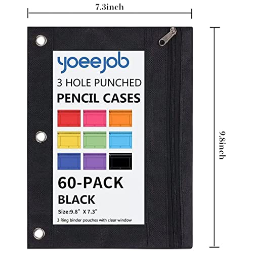 Yoeejob 60 Packs 3-Ring Pen Pencil Pouch With Clear Window Stationery Bag Binder Case Classroom Organizers (Black) #TOP2