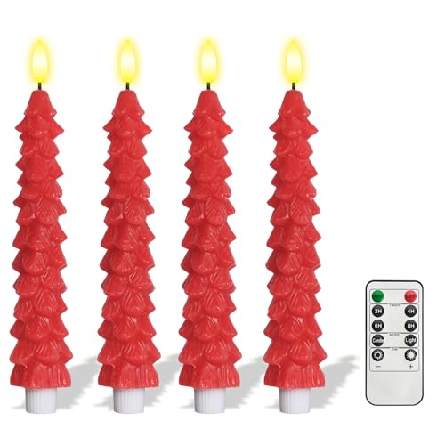 4 Pcs Christmas Tree-Shaped Flameless Taper Candles with Remote and Timer, 9.8'' Real Wax LED Window Candlesticks, 3D Flame Wick Battery Operated Christmas Tree Candles for Holiday Decoration (Red)