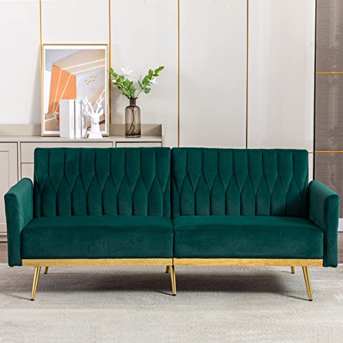 Ttgieet Velvet Convertible Futon Sofa Bed With Golden Metal Legs, 70" Tufted Loveseat Couch Sleeper Futon Sofa With Adjustable Armrests For Home Living Room Bedroom (Green) #TOP1