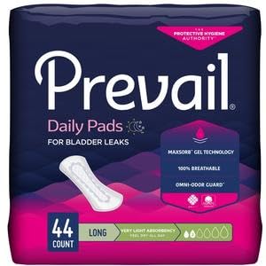 Compresas Prevail para el control de la incontinencia urinaria - Compresas para pérdidas de orina - Absorbencia muy baja, largas, bolsa de 44 unidades