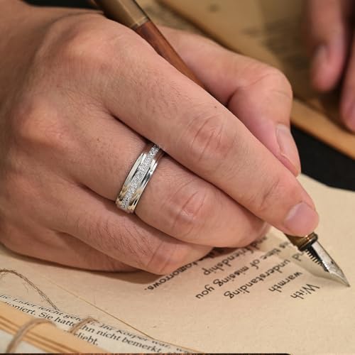 Mens Moissanite Wedding Band 925 Sterling Silver White Gold Plated with 14 Round Cut Lab Created Stones D Color VVS1 Clarity Promise Ring for Him Size 7-144