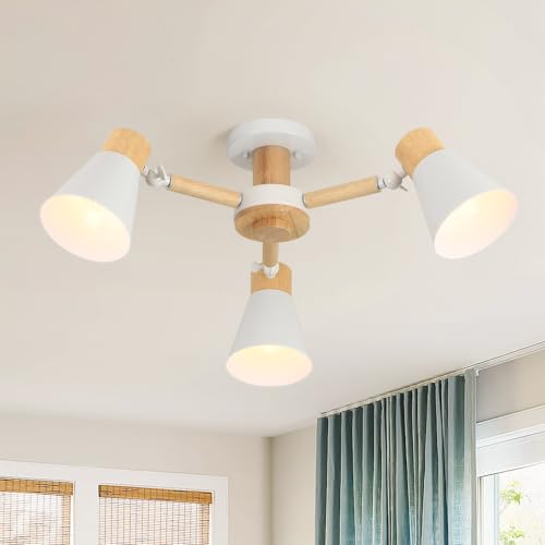 Schindora Bianco Lampadario Camera Da Letto 3 Luci,Legno E Ferro Lampadario Soggiorno A Bracci Luminosi Regolabili lampadari E27 Ø55Cm Moderno Lampadario Cucina Per Letto Casa Camera Salotto