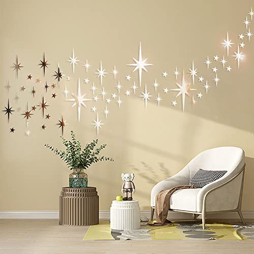 Mirror Wall Stickers Gold Acrylic Star Mirror 3D Wall Decal Peel And Stick Wall Decals Removable Stars Adhesive Mirror Wall Decor For Home Living Room Decor #TOP12