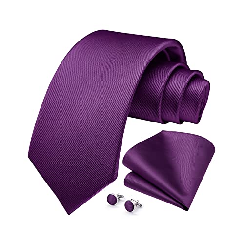 HISDERN Cravate Violette Hommes Mouchoir Bouton de Manchette Solide Cravate Ensemble Formel Fête de Mariage Cadeaux