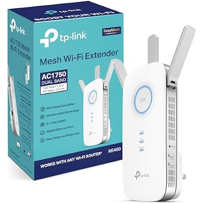 TP-Link RE450 AC1750Mbps Dual-Band WiFi Extender Booster, Simultaneous 450Mbps on 2.4GHz + 1300Mbps on 5GHz, Range Extender Hotspot with 1 Gigabit Port and 3 External Antennas, Access Point Mode