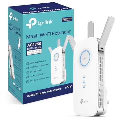 TP-Link RE450 AC1750Mbps Dual-Band WiFi Extender Booster, Simultaneous 450Mbps on 2.4GHz + 1300Mbps on 5GHz, Range Extender Hotspot with 1 Gigabit Por
