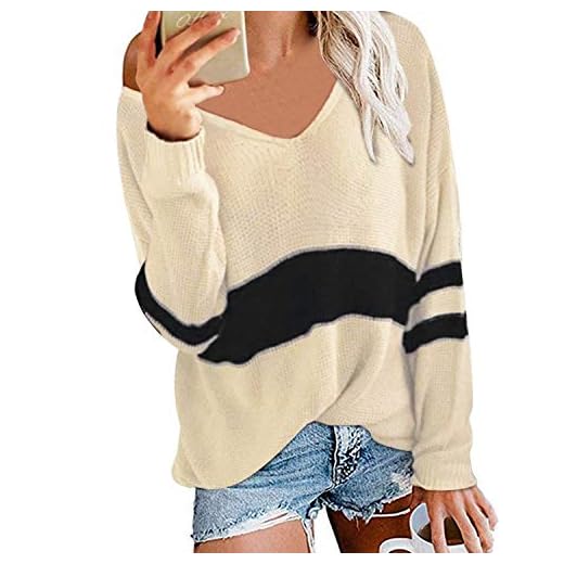 Style Dome pullover dam, v-ringad casual tröja axelfri jumper lös enfärgad långärmad tröja sexig toppar